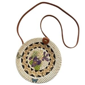 Woven Rattan Round Crossbody Bag Floral Butterfly Boho Cream Tan Brown